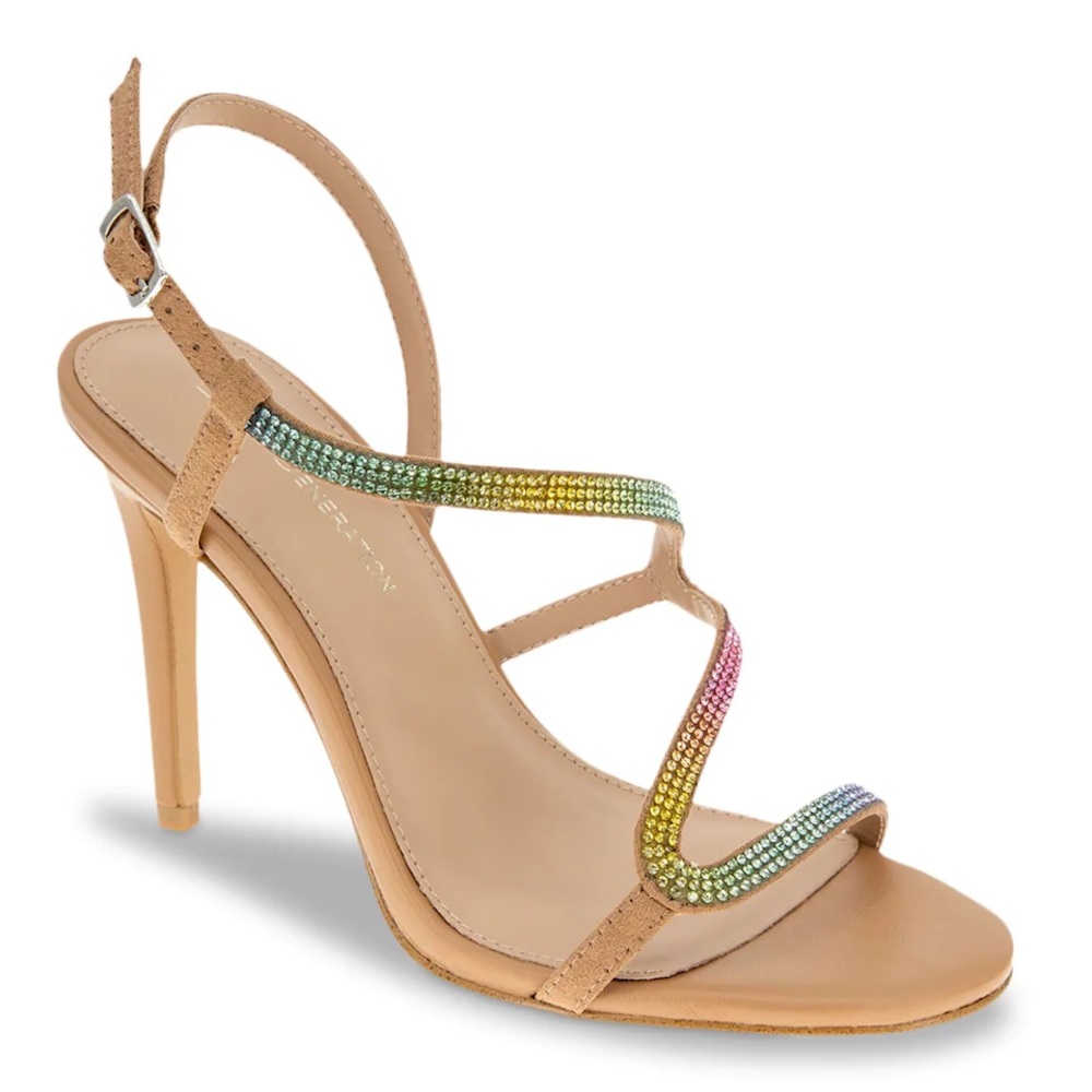 BCBGENERATION Joliny Rainbow-hued Crystals Tan Stilettos Sandal NWT - Size 10
